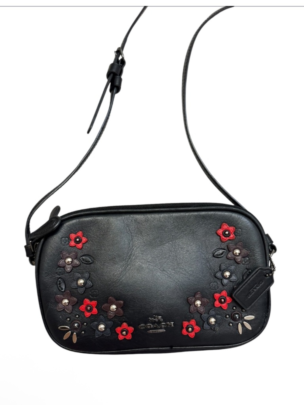 Coach f59557 black floral appliqué mini crossbody bag